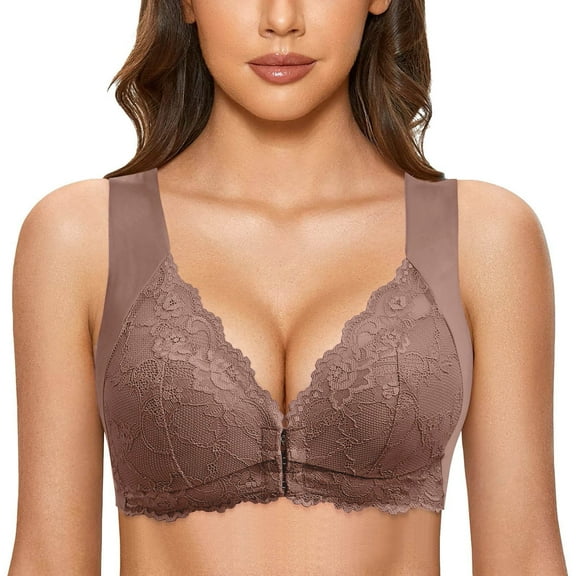 Wdgfv Womens Lace Front Closure Bra T-Back Bra for Women Plus Size Full Bust Support Seamless Comfort Unlined Wireless Coffee XXL