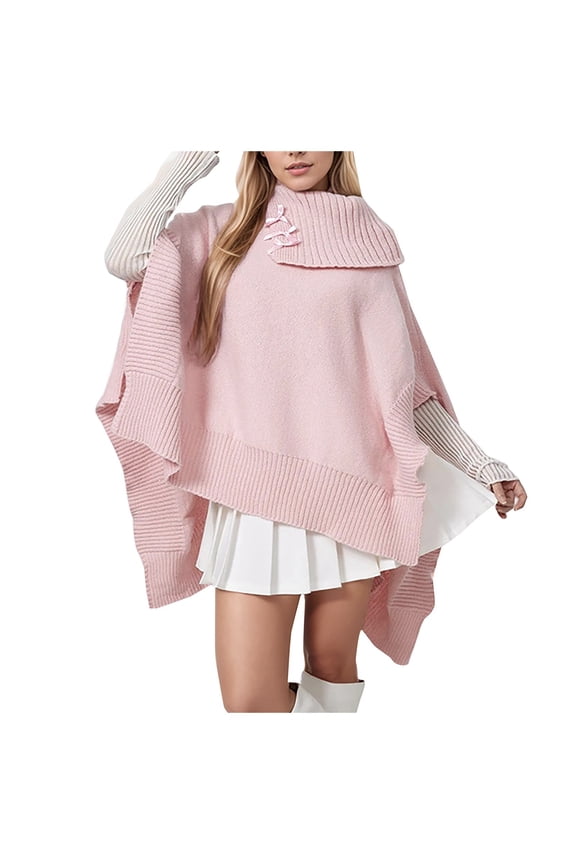 Womens Large Cross Front Poncho Sweater Wrap Topper Knitted Elegant Shawls Cape for Fall Winter Pink One Size
