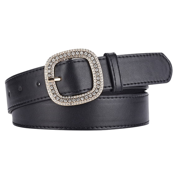 Wdgfv Womens Leather Belt with Rhinestone Buckle for Pants Jeans Dresses Black One Size