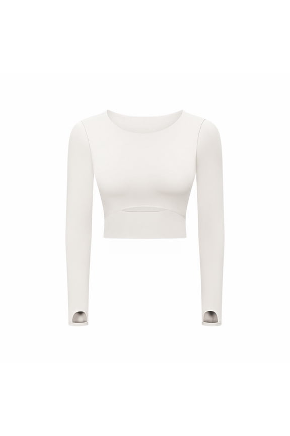 Womens Long Sleeve Crop Top Solid Round Neck T Shirt E A