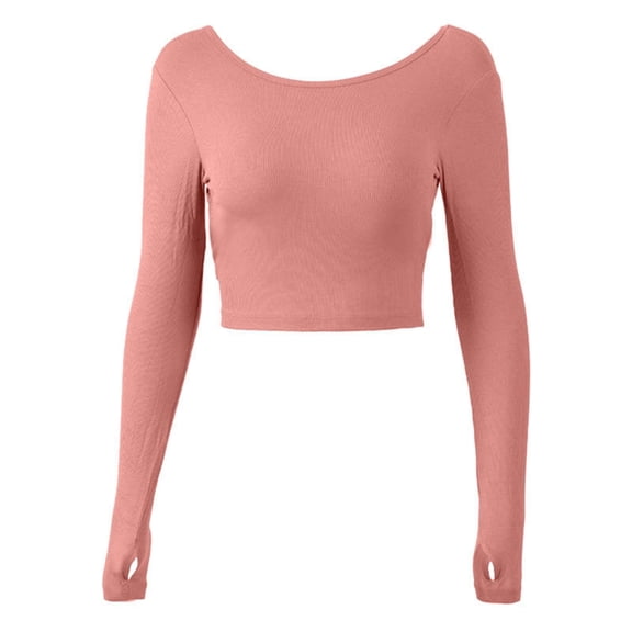 Wdgfv Womens Long Sleeve Crop Top Solid Round Neck T Shirt Pink M