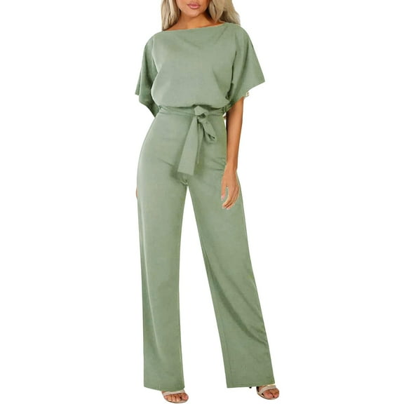 Wdgfv Womens Loose Short Sleeve Belted Wide Leg Pant Romper Jumpsuit Business Casual One Piece Outfits