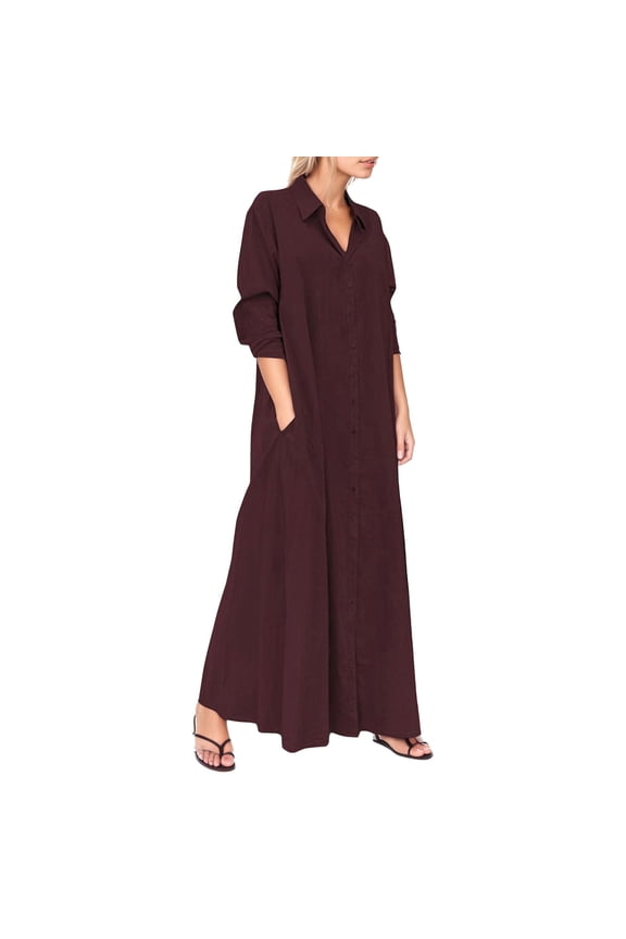 Womens Maxi Shirt Dress Cotton Linen Long Sleeve Solid Dress Plus Size Loose Shirt Dresses Women with Pockets