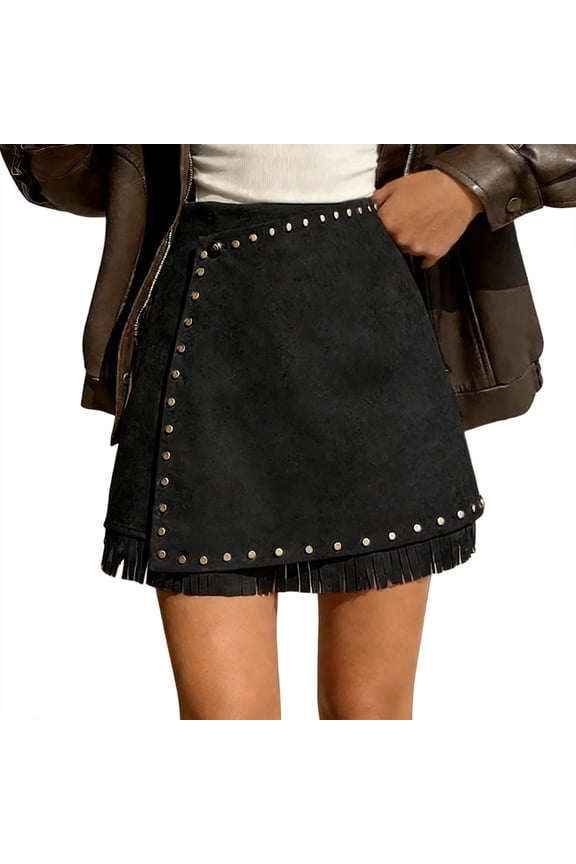 Womens Pleated A-Line Mini Skirt Goth Rivet Embellished Zipper Flared Skirts