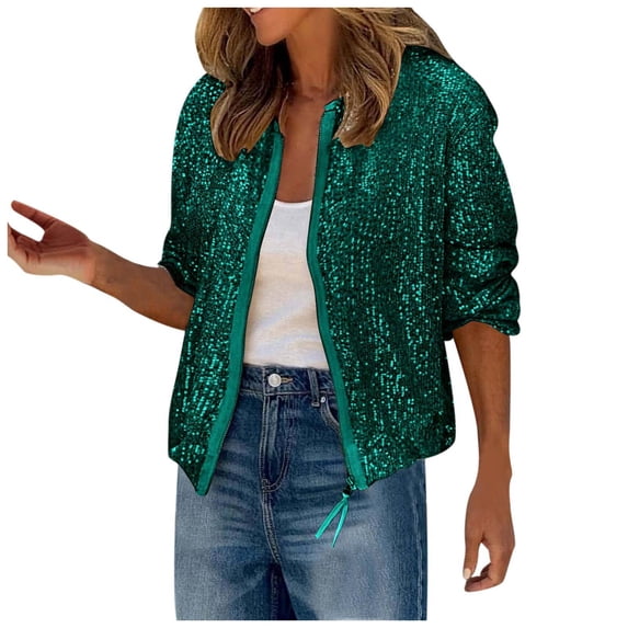 Wdgfv Womens Sequin Jacket Sparkly Long Sleeve Open Front Zipper Disco Bomber Coat