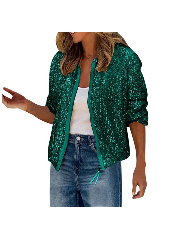 Womens Sequin Jacket Sparkly Long Sleeve Open Front Zipper Disco Bomber Coat