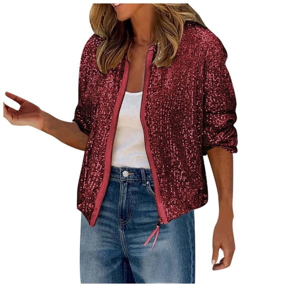 Wdgfv Womens Sequin Jacket Sparkly Long Sleeve Open Front Zipper Disco Bomber Coat