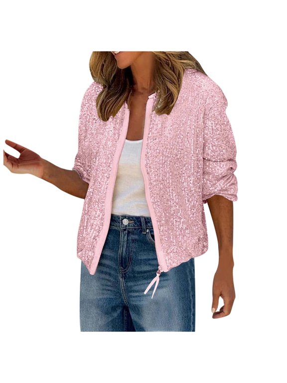 Womens Sequin Jacket Sparkly Long Sleeve Open Front Zipper Disco Bomber Coat