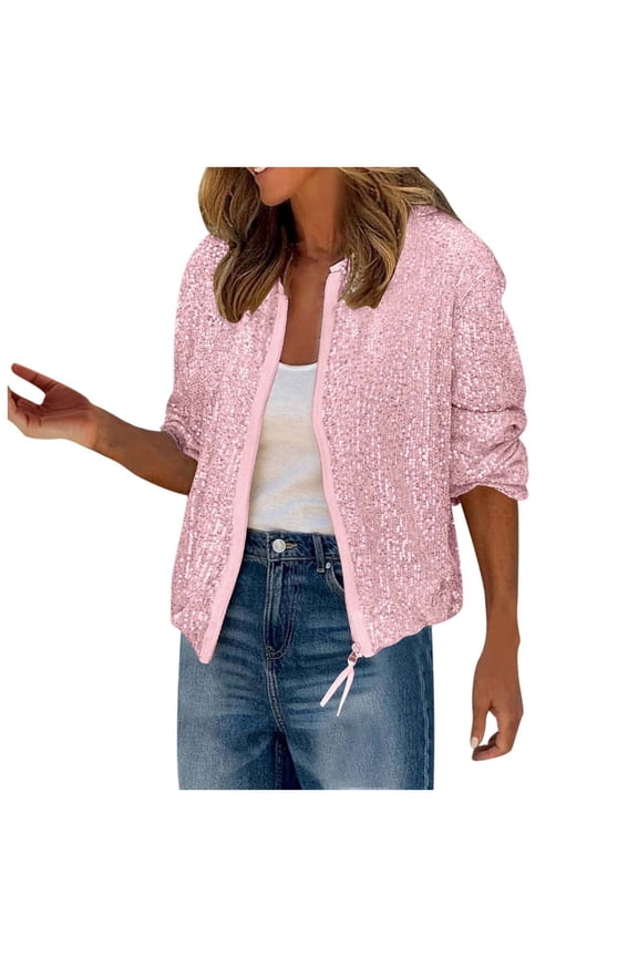 Womens Sequin Jacket Sparkly Long Sleeve Open Front Zipper Disco Bomber Coat