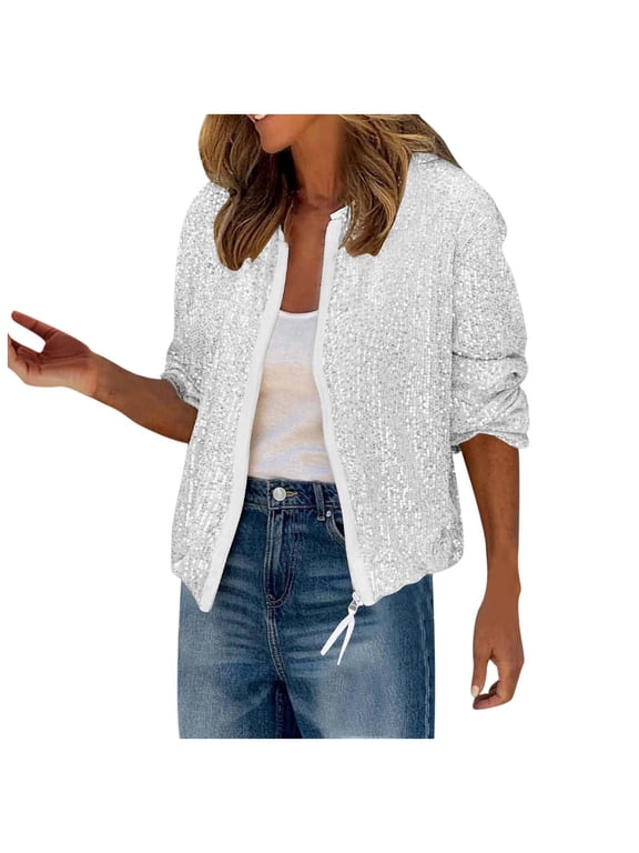 Womens Sequin Jacket Sparkly Long Sleeve Open Front Zipper Disco Bomber Coat