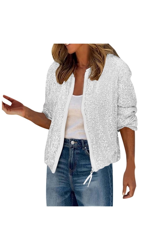Womens Sequin Jacket Sparkly Long Sleeve Open Front Zipper Disco Bomber Coat