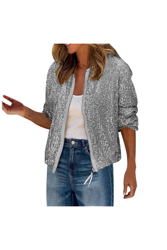 Womens Sequin Jacket Sparkly Long Sleeve Open Front Zipper Disco Bomber Coat