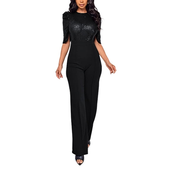 Wdgfv Womens Sequin Jumpsuits Short Sleeve Round Neck Backless Romper Shiny Overalls Pants Black XXL