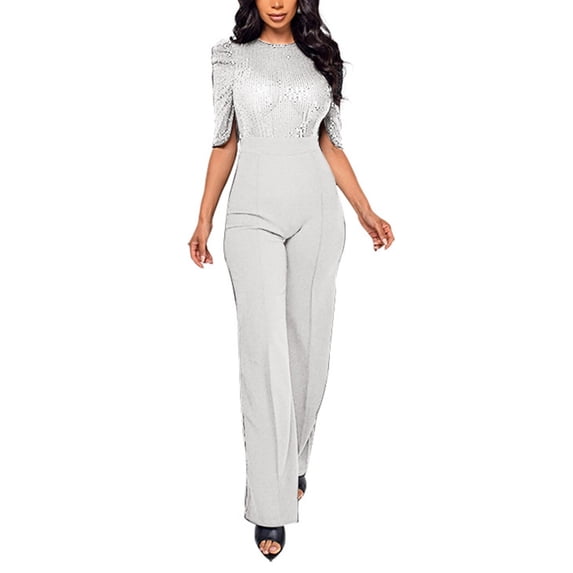 Wdgfv Womens Sequin Jumpsuits Short Sleeve Round Neck Backless Romper Shiny Overalls Pants White M