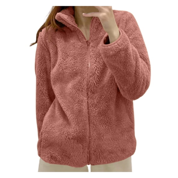 Wdgfv Womens Sherpa Jacket Solid Stand Collar Long Sleeve Fleece Jackets Zip Up Warm Soft Fuzzy Winter Coat