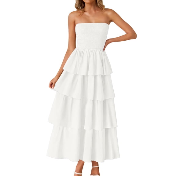 Wdgfv Womens Summer Boho Strapless Maxi Dress 2026 Casual Sleeveless Off Shoulder Smocked Tiered Beach Long Sundress White L