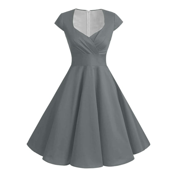 Wdgfv Womens Summer Short Puff Sleeve Casual Semi-Formal Fit and Flare Wedding Guest Work Dresses with Pockets Grey S
