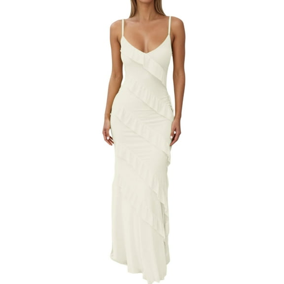 Wdgfv Womens V Neck Backless Bodycon Spaghetti Strap Elegant Ruffle Maxi Party Dresses