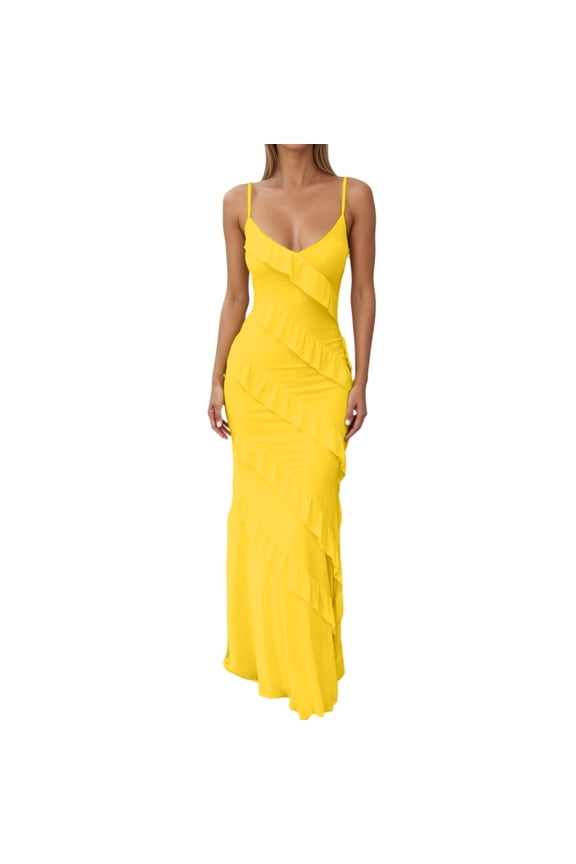 Womens V Neck Backless Bodycon Spaghetti Strap Elegant Ruffle Maxi Party Dresses