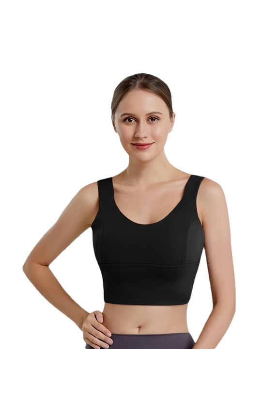 Womens V-Neck Longline Sports Bra - Wireless U-Shaped Open Back Yoga Low Impact Padded Crop Top Black L