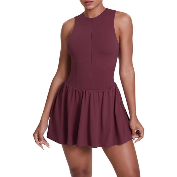 Wdgfv Womens Zip Front Tennis Dress High Neck Sleeveless Workout Golf Dresses Build in Shorts with Pockets