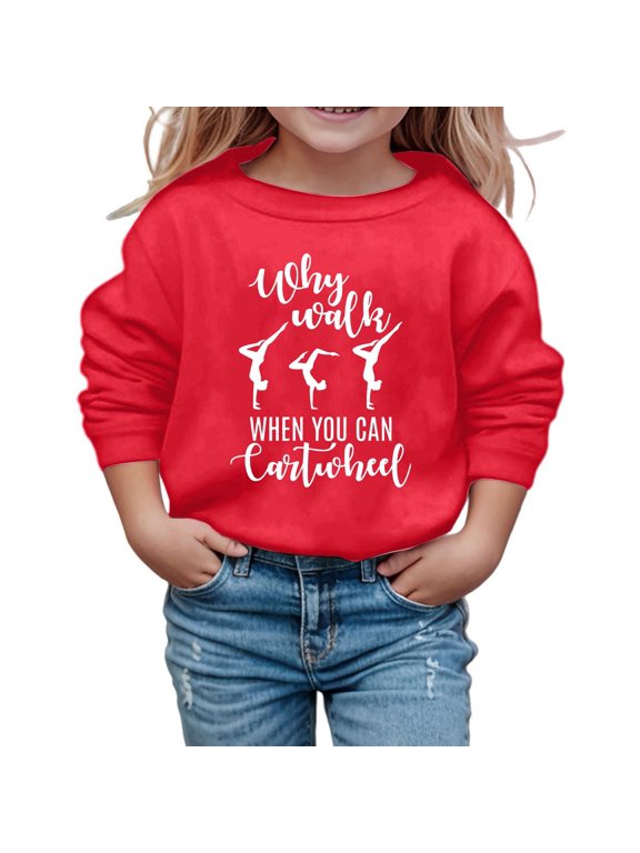 Youth Girls Cartwheel Gymnastics Sweatshirt, Trendy Text & Gymnast Printed Crew Neck Long Sleeve Top 4-5 Years