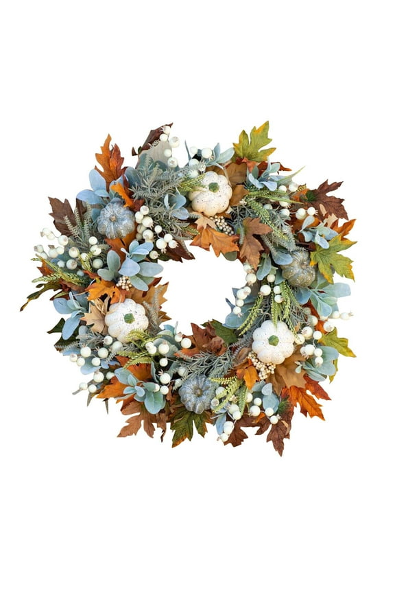 Autumn Frost Leaf Pumpkin Wreath Thanksgiving Door Hanging Decor Harvest Seasonal Decoration Plastic Material 40Cm Size Home Outdoor Festive Display B