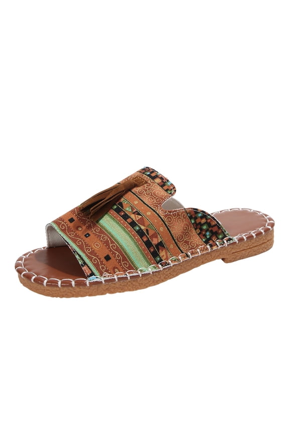 Bohemian Tassel Womens Flat Bottom Beach Slippers Casual Summer Slide Sandals Pu Size Us 9.0 Foot Length 10.24In