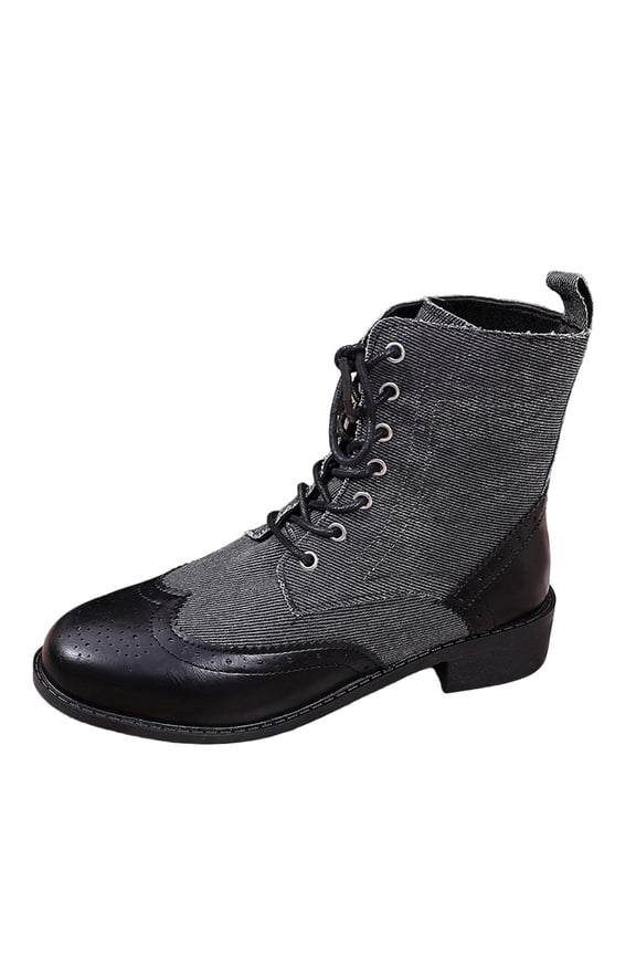 Boots For Women Style With Denim Patchwork Details Mid Heel Round Toe Made Of Shrunk Denim Available In Us Size 7