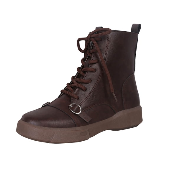 Wdhugt Casual Ankle Boots For Women With Medium Heel Round Toe Lace-Up Design In Brown Pu Material Size 7 Us Foot Length 10.24 Inches