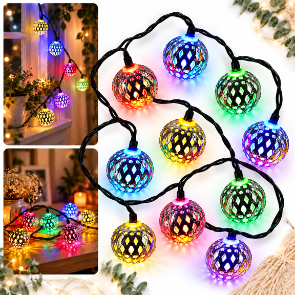 Moroccan Globe String Lights, 10 LED Silver Metal Ball Fairy Lights, 4.92 Ft Battery Operated Multicolor Decorative Lights for Bedroom, Window, Party, Diwali Christmas Decor