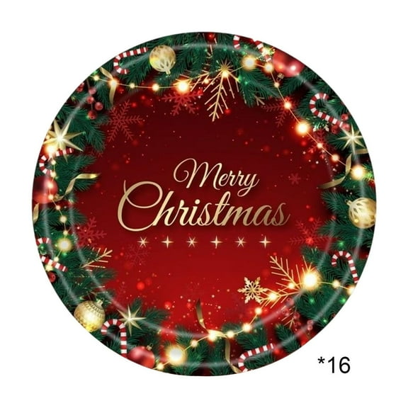 Wdhugt Christmas Disposable Paper Plates 16Pcs 9 Inch Party Dinnerware Red Holiday Design For Xmas Celebration Tableware Set A
