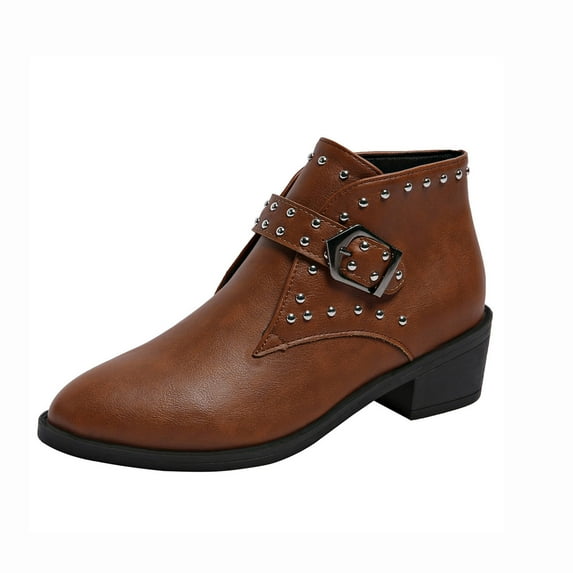 Wdhugt Chunky Heel Pointed Toe Short Boots For Women Solid Color Buckle Detail Rivet Design Plus Size Casual Shoes Outdoor Indoor Size Us 9 Foot Length 10.24 Inches Pu Material