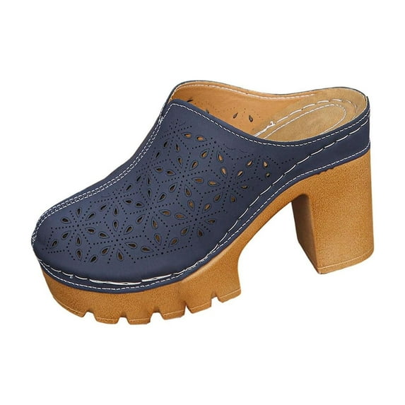 Wdhugt Chunky Heel Slide Slippers For Women Casual Outdoor Indoor Spring Summer Round Toe Pu Material Size 4.5 Us Foot Length 9.45 Inches