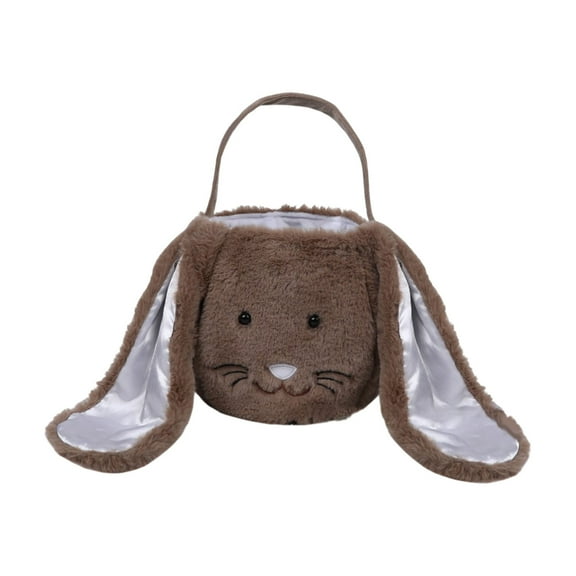 Wdhugt Easter Bunny Basket With Long Ears Storage Tote Bag Brown For Kids Gift Egg Hunt Candy Holder Flock Material Brown
