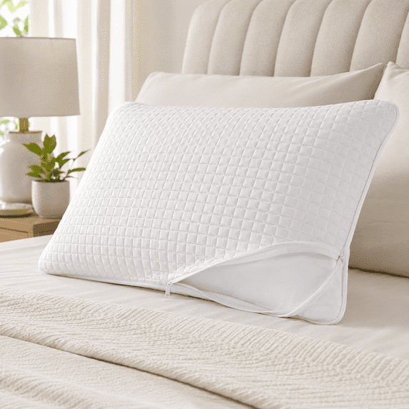 Wdhugt White Quilted Pillow Protector Cover with Zipper, Polyester Full Wrap Pillowcase Cover, 29.1x18.9in, 1 Pack Pillowcase