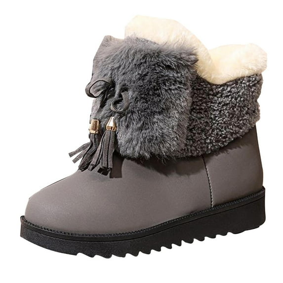 Wdhugt Flat Sole Ankle Boots Fleece Lined For Women Casual Comfort Round Toe Pu Leather Material Gray Size 6 Us Foot Length 9.25 Inches
