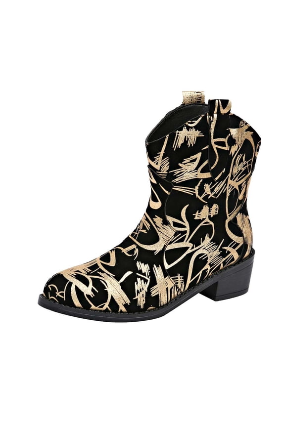 Gold Mid Heel Casual Boots For Women Us Size 11 Featuring Thick Sole And Printed Design Ideal For Leisure Activities