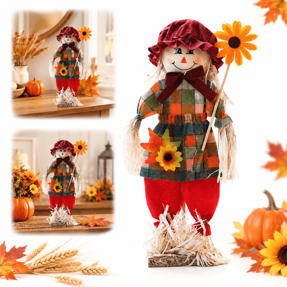 Wdhugt Handmade Halloween Scarecrow Decor, 15.7in Fabric & Straw Tabletop Figurine with Sunflower, Burgundy Hat Red Pants, Thanksgiving Farmhouse Mantel Shelf Accent