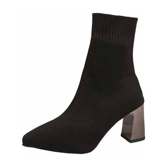 Wdhugt Knit Elastic Socks Boots For Women Pointed Toe Mid Calf Heel Ankle Casual Wear Black Size 40 Eu 5.5 Uk 7.5 Us 9.84 Inches Mesh Fabric