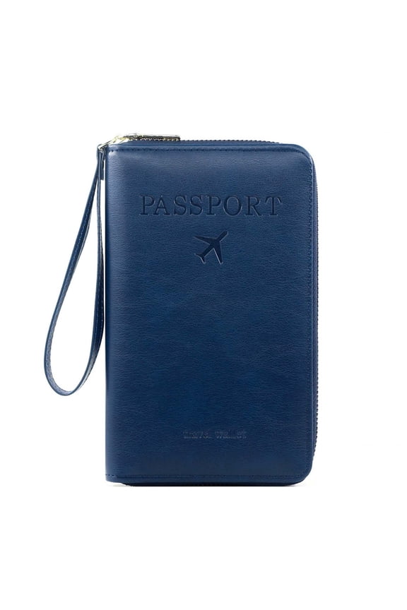 Navy Blue Multifunctional Rfid Passport Wallet With Zipper For Travel And Phone Storage In Pu Material D