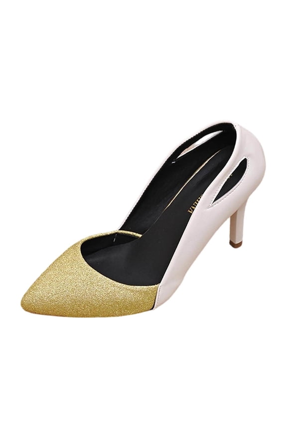Pointed Toe High Heels For Women Spring Summer Trendy Color Block Fine Heel Hollow Out Professional Footwear Pu Material Gold Size 8.5 Us
