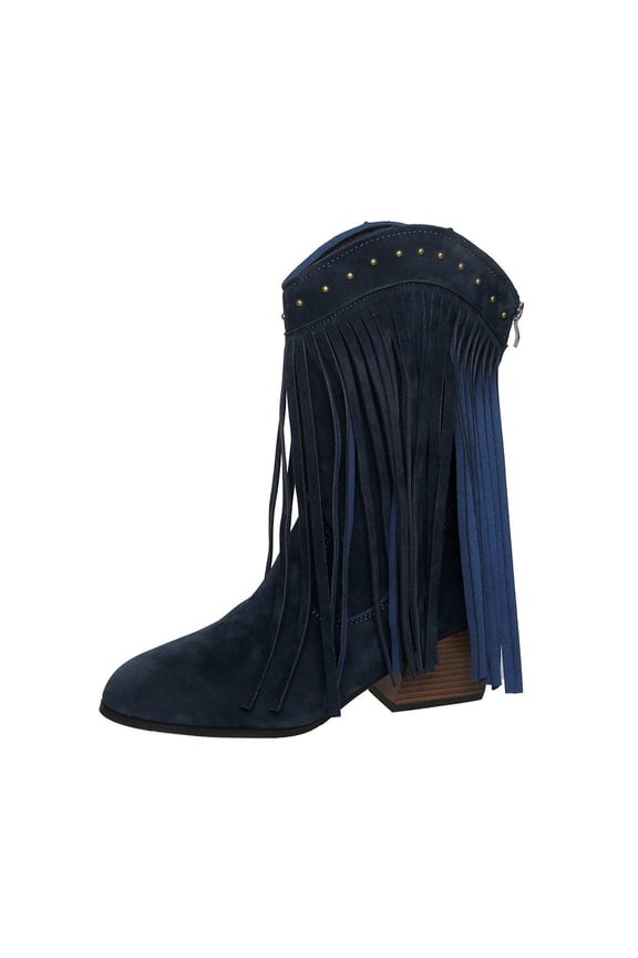 Pointed Toe Mid-Heel Boots For Women British Style Casual Rivets Tassel Flock Material Mid-Calf Boots In Blue Size 3.5 Us