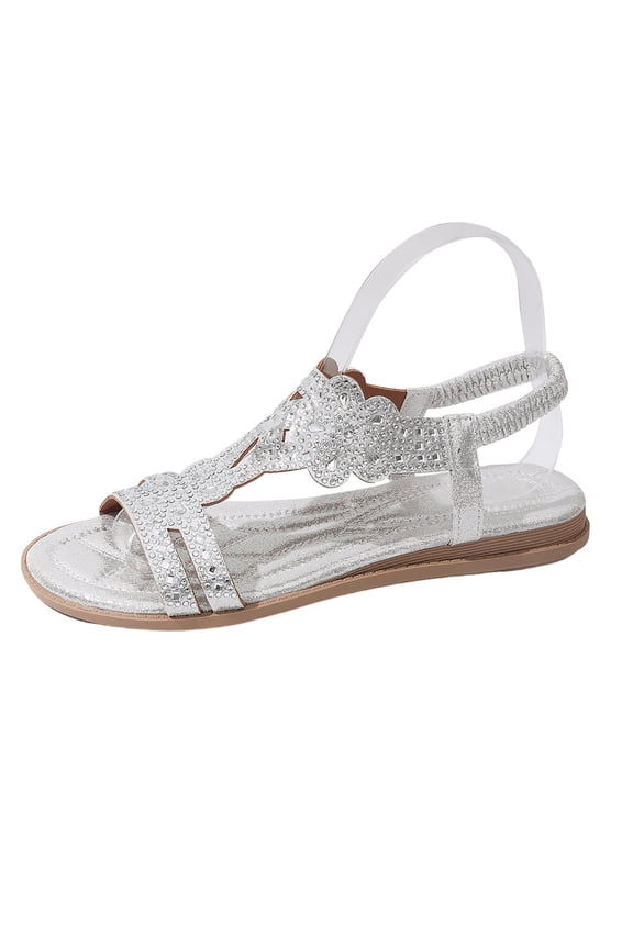 Rhinestone Strap Sandals For Women Spring Summer Casual Slip On Elastic Platform Heel Pu Material Metallic Silver Eu38 Us4.5 Foot Length 9.45 Inches