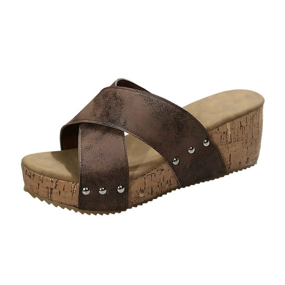 Wdhugt Round Toe Casual Slippers For Women Thick Sole Comfortable Indoor Outdoor Us9.5 Foot Length 10.43 Inches Brown Pu Upper