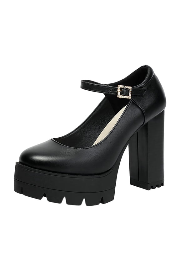 Shiny Pu Platform High Heels For Women Single Buckle Strap Round Toe Casual Stage Shoes In Black Us Size 6