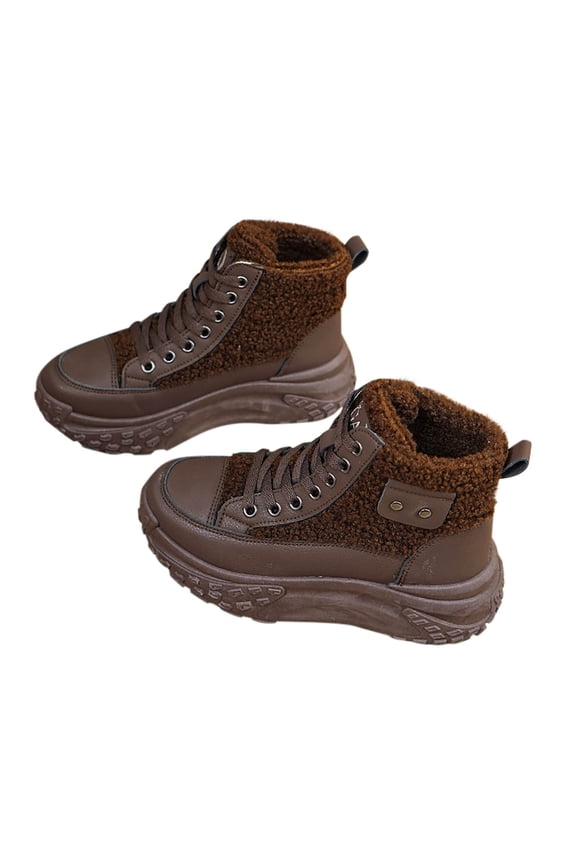 Short Snow Boots For Women Color Block Pu Leather Lamb Wool Splicing Lace Up Outdoor Slip Resistant Footwear Upper Artificial Leather Sole Rubber Size 39 Us 6 Pu Material