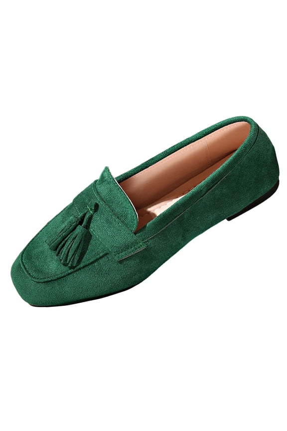 Slip-On Tassel Loafers For Women British Style Casual Flock Material Square Toe Comfort Flats In Green Size 5.5 Us