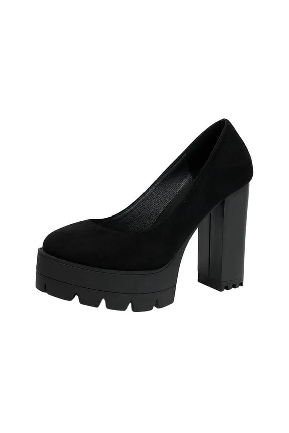 Suede Flock Platform High Heels For Women Round Toe Comfortable Casual Shoes Thick Sole Design In Black Us Size 5.5