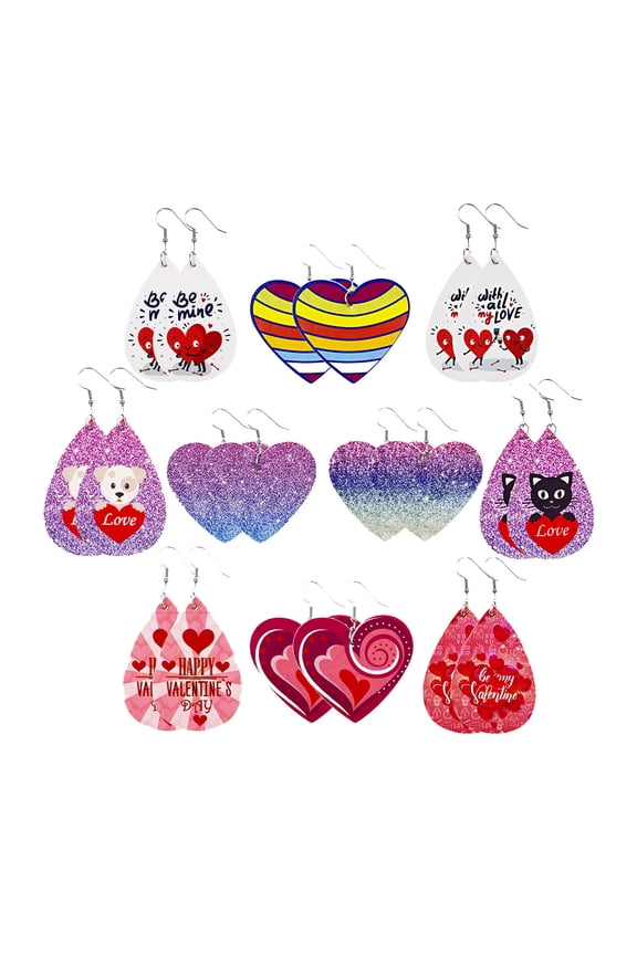 Valentine’S Day Leather Earrings Set Of 20 Pieces 10 Pairs European Heart Print Pu Material Fashion Drop Earrings For Women Jewelry Accessories